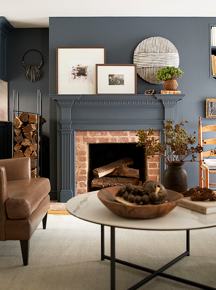 Navy paint around fireplace