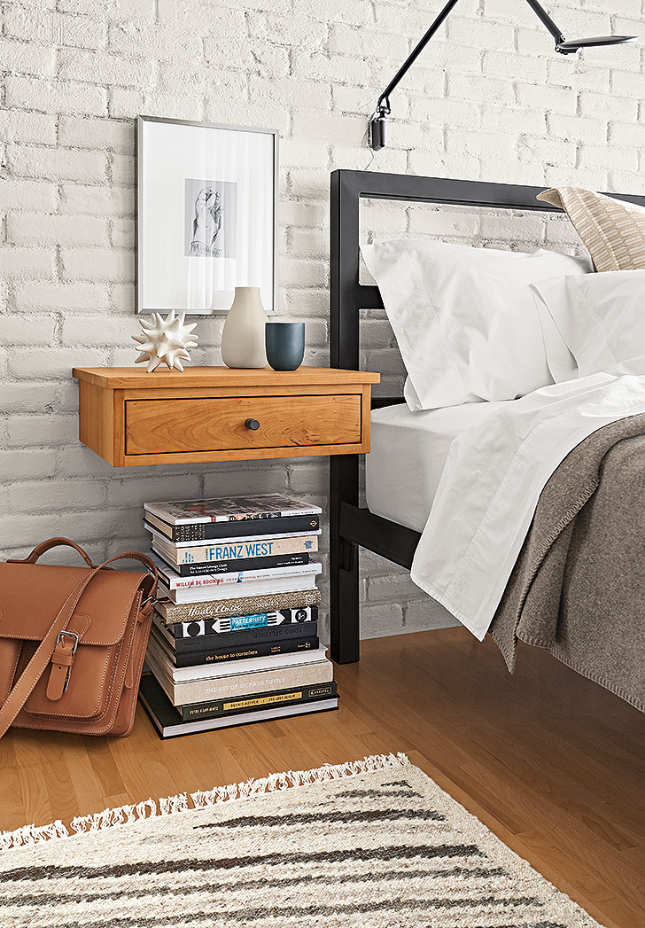 Linear wall-mounted nightstand in cherry