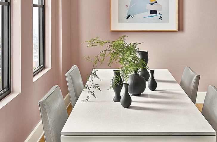 Detail of dining room with pink paint on walls