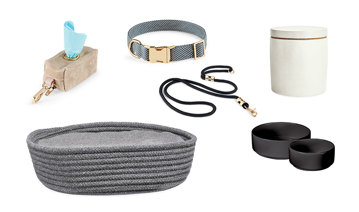 pet bed, leash, water bowl collage