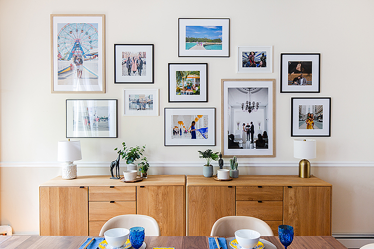 close-up of dining storage cabinets beneath frame wall