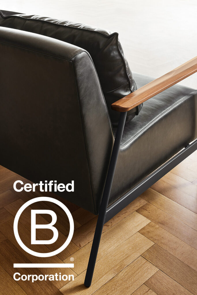 Xavier leather accent chair with B Corp logo superimposed on the image