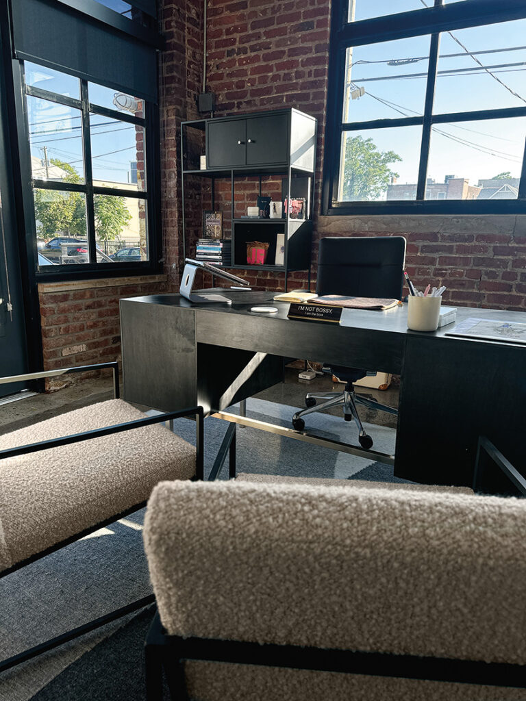 Bobbi Brown's office at Jones Road Beauty featuring a desk and Novato chairs.