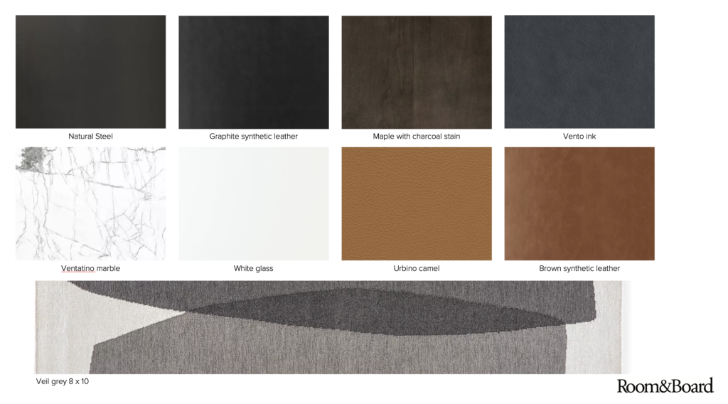 Mood board of wood, stone and fabrics, plus a rug.