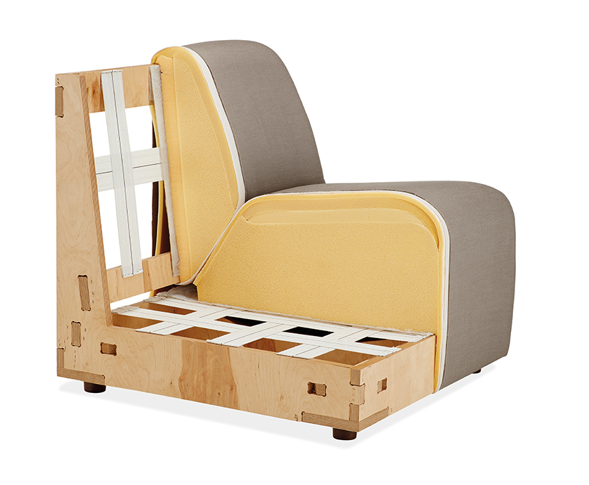 Cutaway view of the layers of an outdoor chair, including the frame, webbing, foam and upholstery fabric.