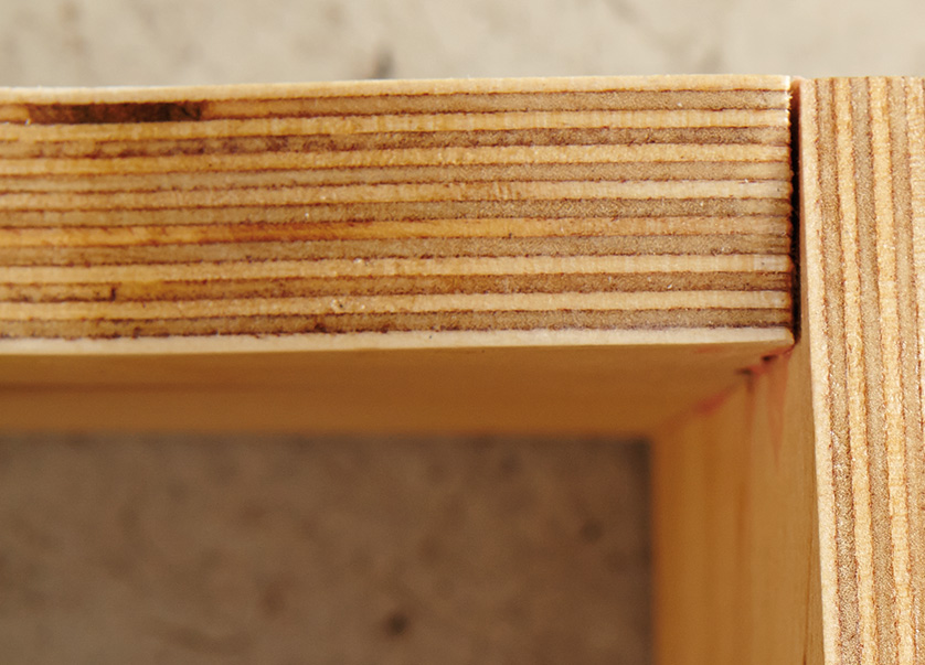 Close-up image of a marine-grade plywood frame joint.