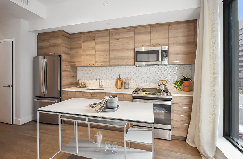 REVA apartment kitchen with Bowen counter table.