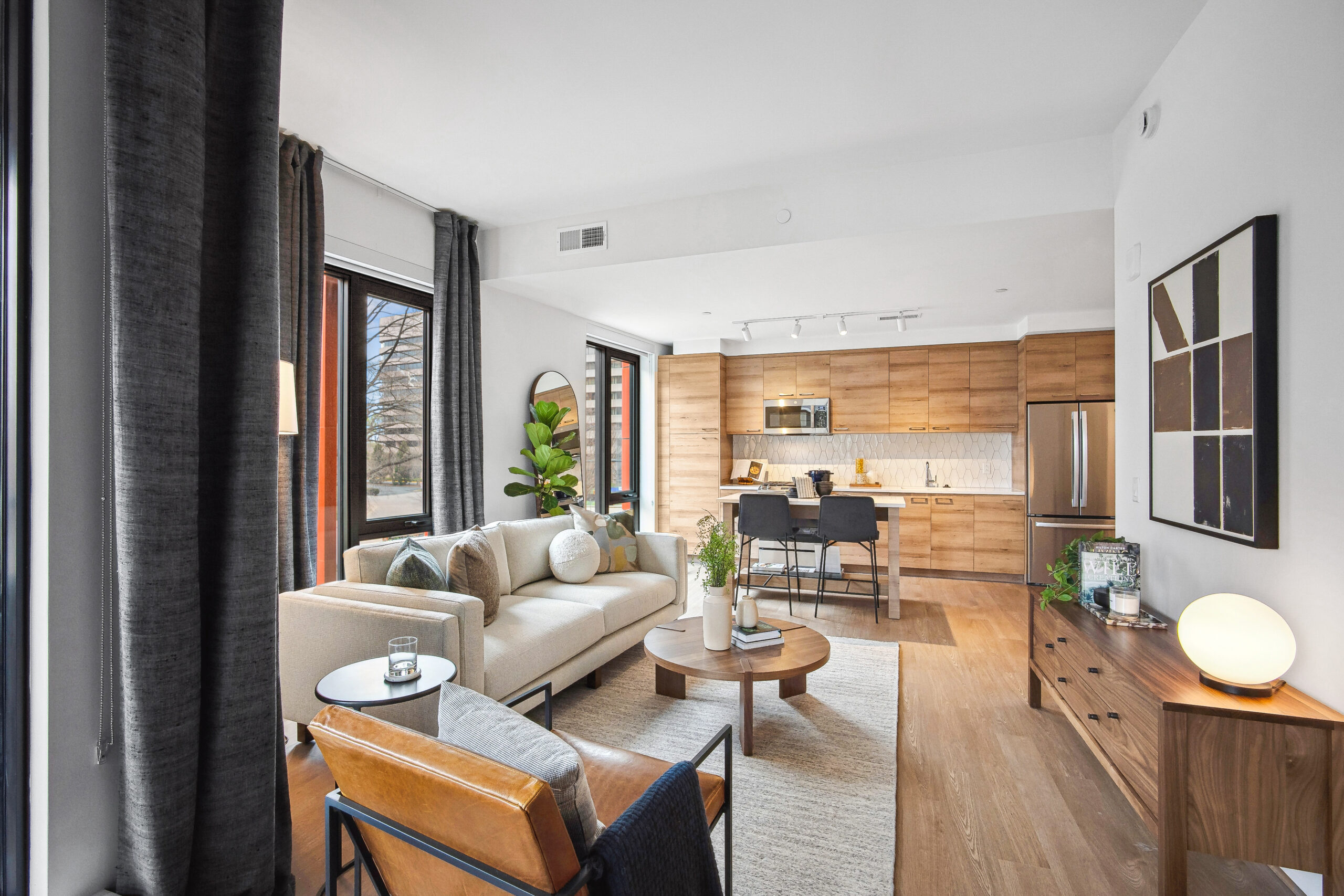REVA living room with Cade sofa, Novato chair, Hanover coffee table, Emerson media cabinet and Dia rug.
