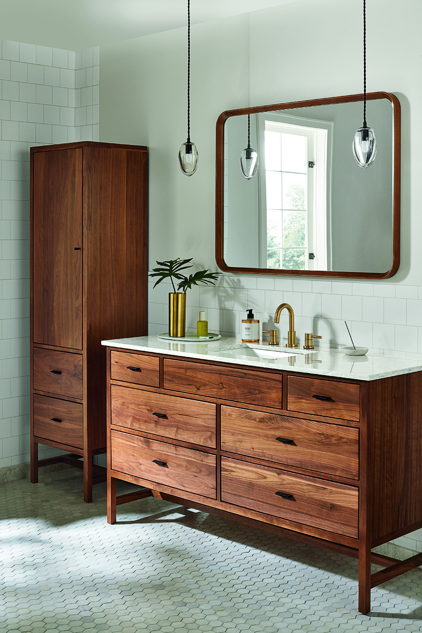Bathroom with Berkeley 60-wide vanity with drawers and Berkeley 20-wide linen cabinet with door in walnut.