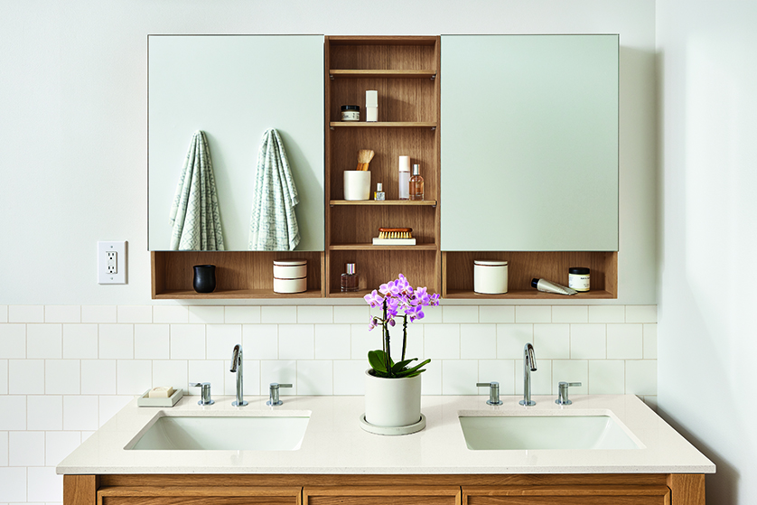 Bathroom with Bridger 53.25 wide, double door medicine cabinet and Amherst 60 wide vanity in white oak.