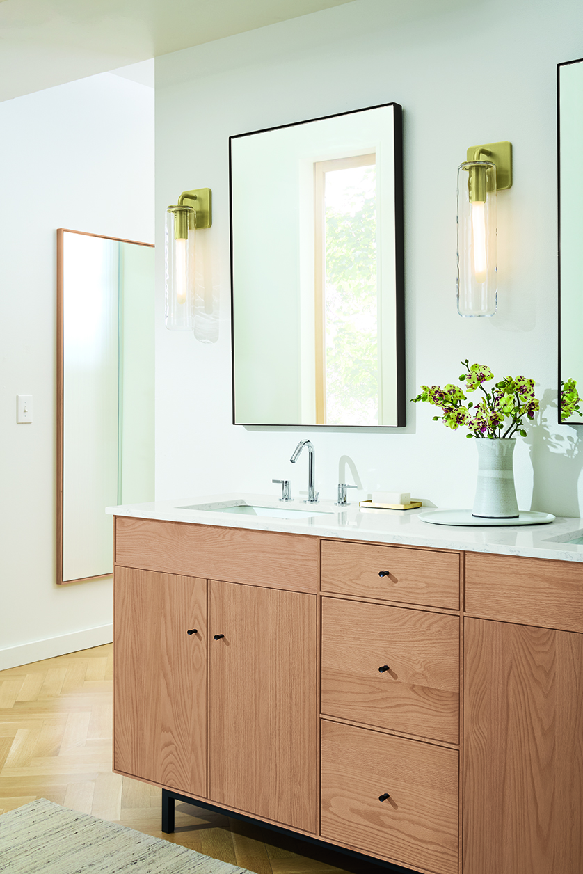 Bathroom with Hudson 72-wide double-sink bath vanity in Rye on Red Oak with Marbled White Quartz top and 2 Infinity mirrors in graphite.