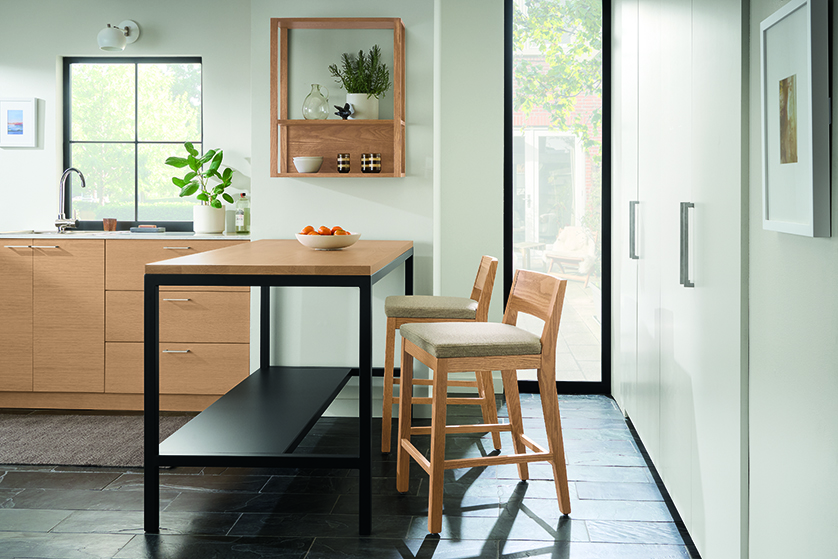 Kitchen with parsons counter table in rye on red oak and 2 afton counter stools in rye on red oak and tatum oatmeal.