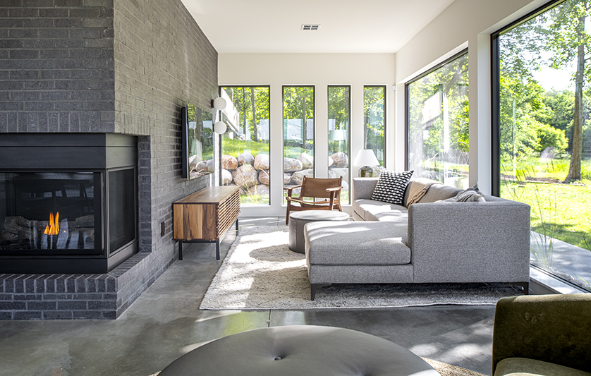 Modern lake house living room with Sterling sofa.
